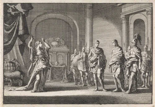 Alexander, zoon van Herodes, wordt gebonden naar zijn gemalin Glasyra gebracht by Jan Luyken, print, 1704