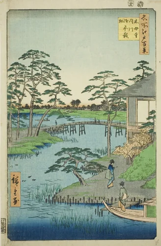 Mokubo Temple, Uchigawa Inlet, and Gozensaihata (Mokuboji Uchigawa Gozensaihata), from the series "One Hundred Famous Views of Edo (Meisho Edo hyakkei)" by Utagawa Hiroshige (歌川広重), print, 1857