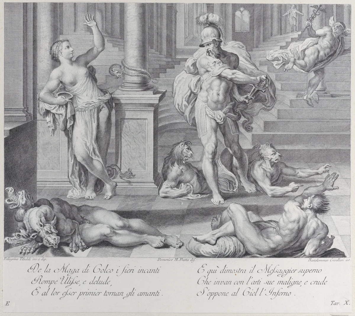 Plate 10: Ulysses compelling Circe to restore his companions' human shapes, which she had changed into monsters by Bartolomeo Crivellari, print, 1756