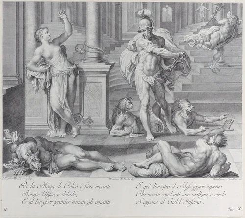 Plate 10: Ulysses compelling Circe to restore his companions' human shapes, which she had changed into monsters by Bartolomeo Crivellari, print, 1756