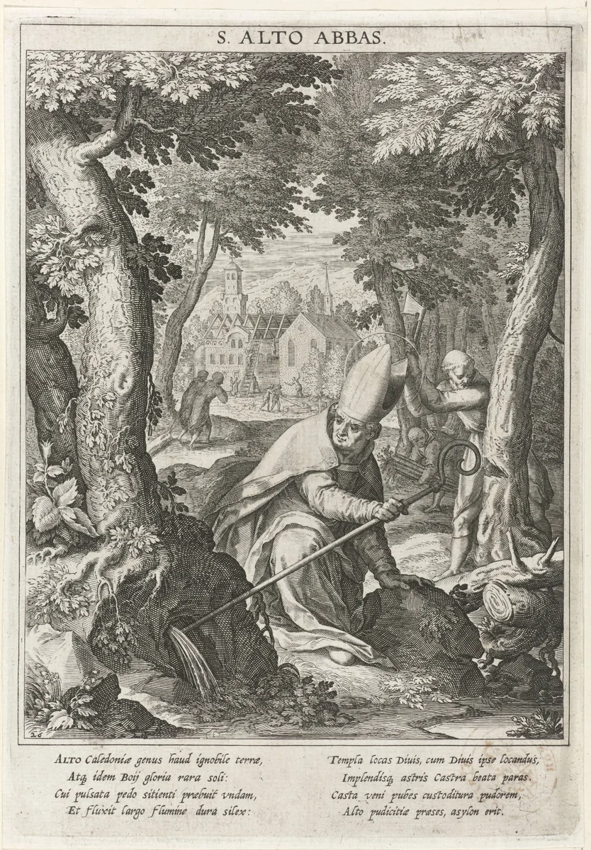Ontdekking van een bron door de heilige Alto by Raphaël Sadeler, print, 1615