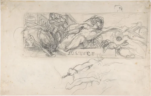 Study for an allegorical figure of Justice in the ceiling decoration of the Salon du Roi, Palais Bourbon; verso: studies of allegorical figures, and architectural sketches. by Eugène Delacroix, drawing, 1833
