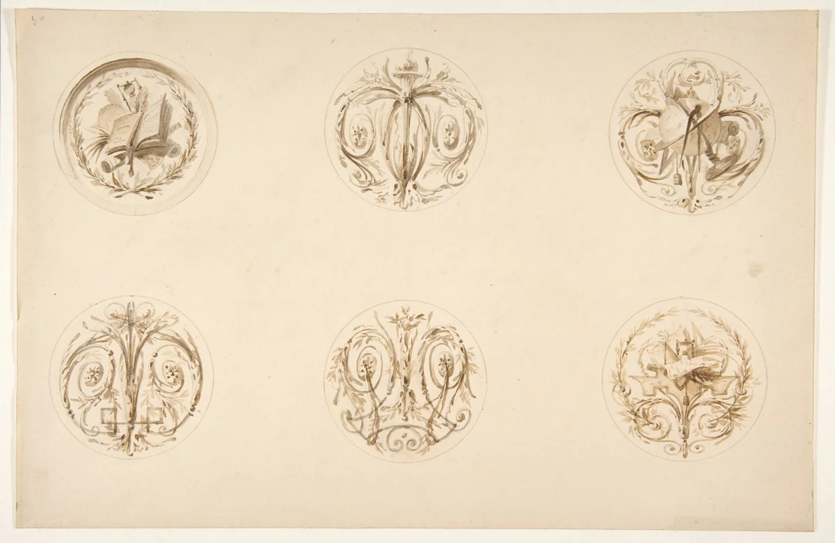 Six designs set in medallions by Jules-Edmond-Charles Lachaise, drawing, 1850-1900