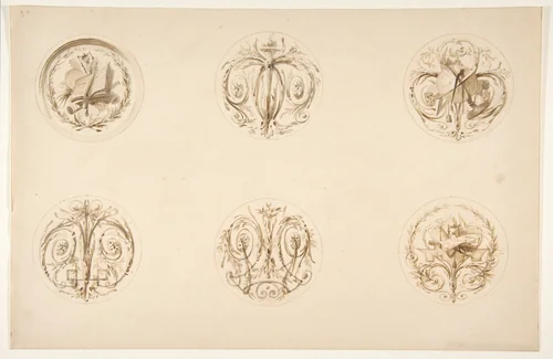 Six designs set in medallions by Jules-Edmond-Charles Lachaise, drawing, 1850-1900