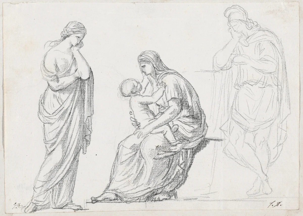 Mother and Child Flanked by Two Standing Figures by Jacques-Louis David, drawing, 1775-1780