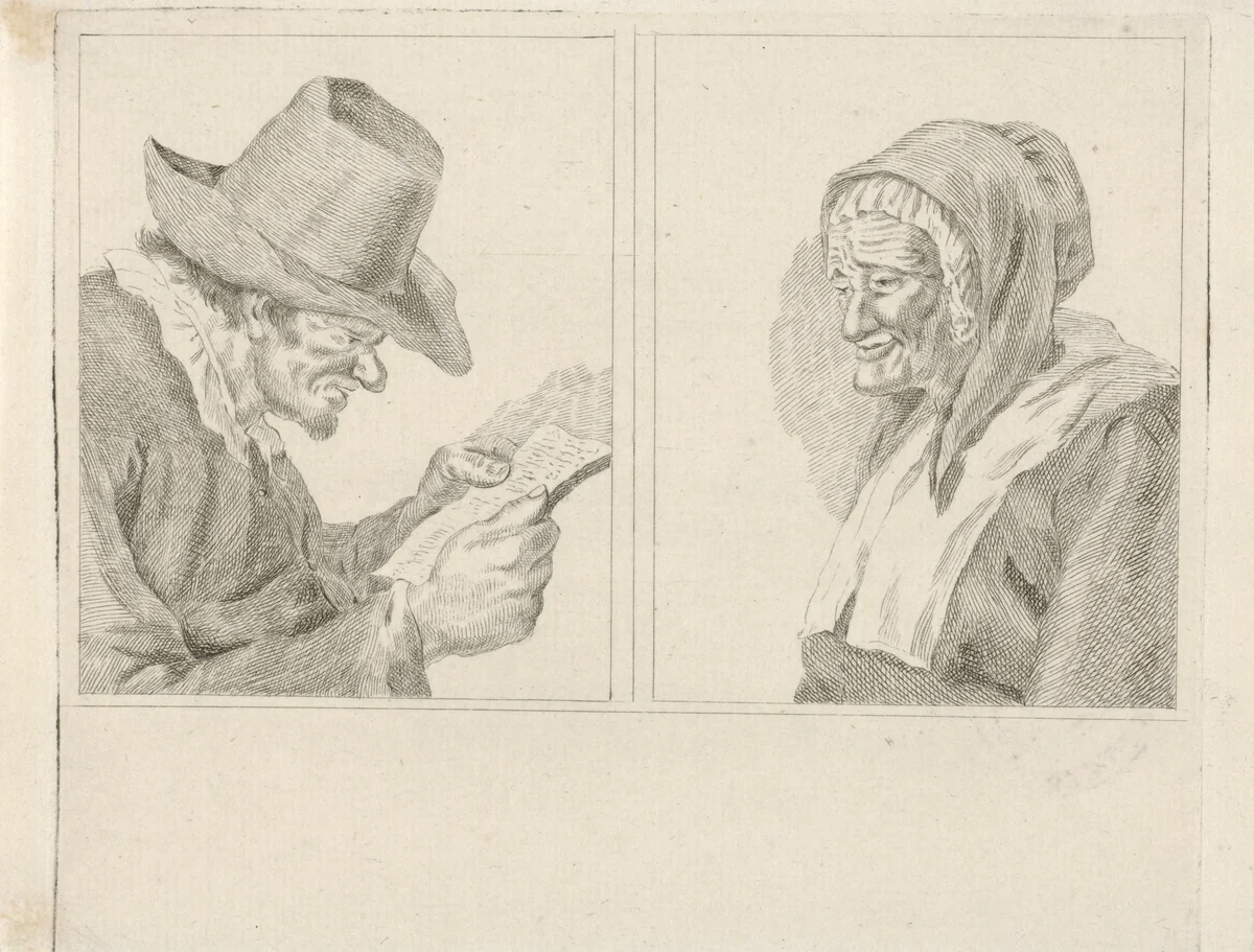 Lezende man en oude vrouw by Pieter de Mare, print, 1778-1796