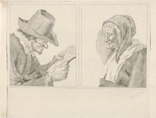 Lezende man en oude vrouw by Pieter de Mare, print, 1778-1796