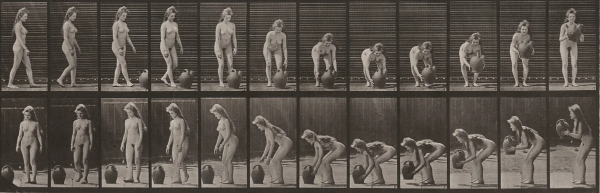 Plate Number 228. Turning and lifting a water jar from the ground by Eadweard Muybridge, photograph, 1887