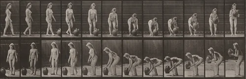 Plate Number 228. Turning and lifting a water jar from the ground by Eadweard Muybridge, photograph, 1887