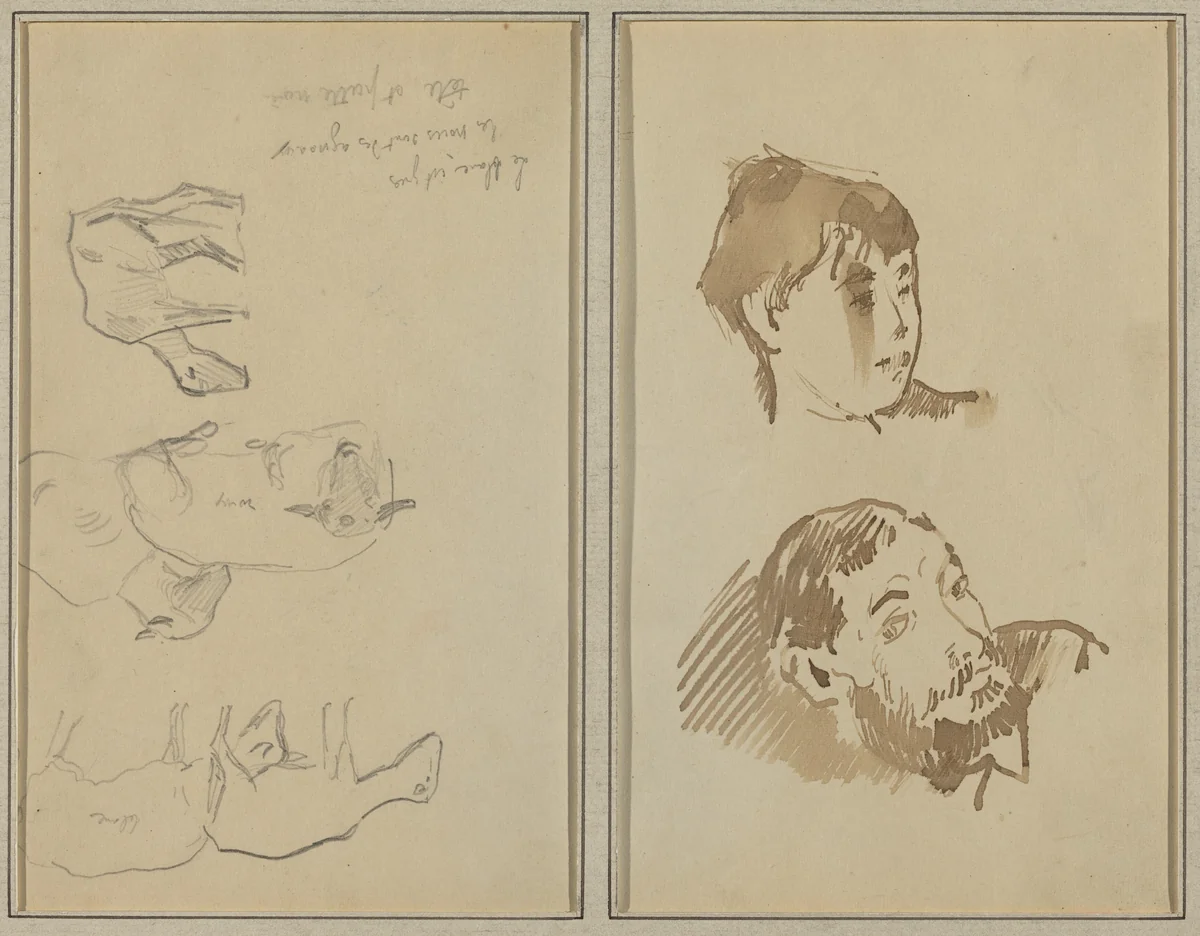 Five Sheep; Head of a Woman and Head of a Bearded Man [recto] by Paul Gauguin, drawing, 1884-1888