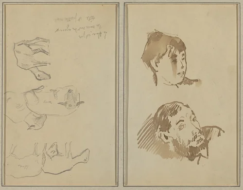 Five Sheep; Head of a Woman and Head of a Bearded Man [recto] by Paul Gauguin, drawing, 1884-1888