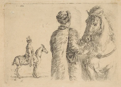 A Polish groom, from the back, holding a horse by the bridle by Stefano della Bella, print, 1657-1667