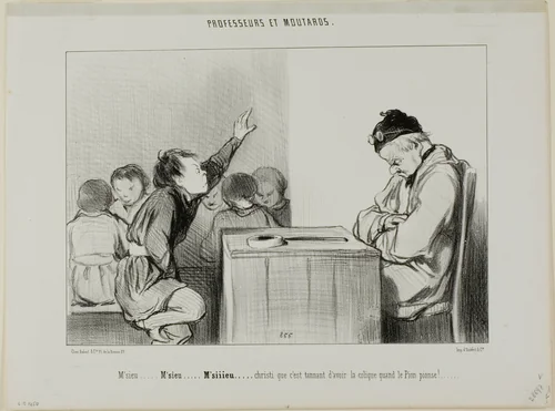 “Sir... Sir... Siiiirrrr... Christ, it's annoying to have a colic when the supervisor is supervising,” plate 13 from Professeurs Et Moutards by Honoré-Victorin Daumier, print, 1846