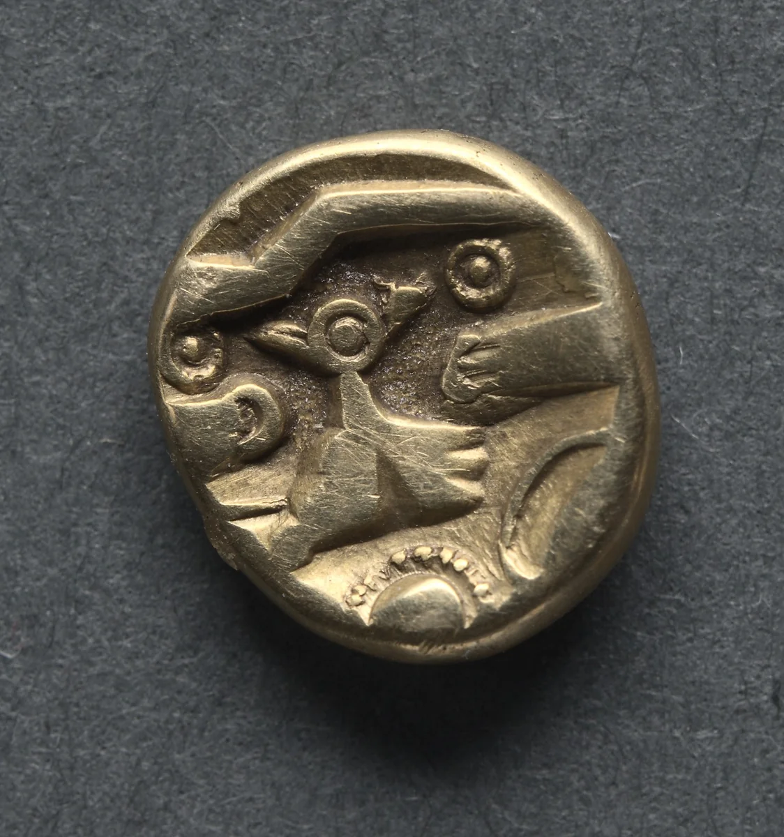 Quarter Stater: Tree-like Trophy on Triad of Ringed Pellets (obverse) by Unknown, metalwork, -130--15