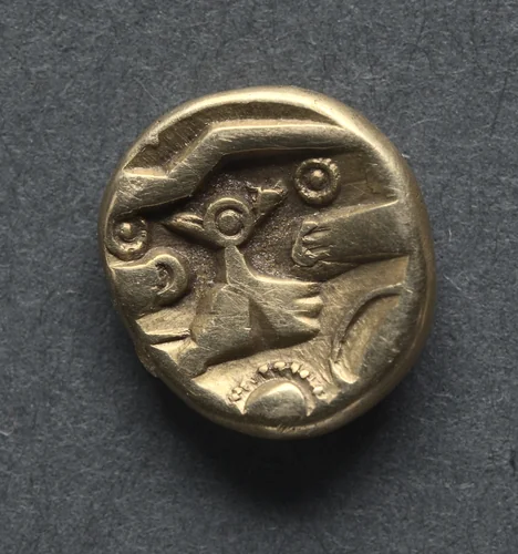 Quarter Stater: Tree-like Trophy on Triad of Ringed Pellets (obverse) by Unknown, metalwork, -130--15