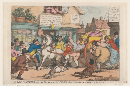 More Miseries: The Bottom of Mr Figg's Old Whiskey Broke Through by Thomas Rowlandson, print, 1807