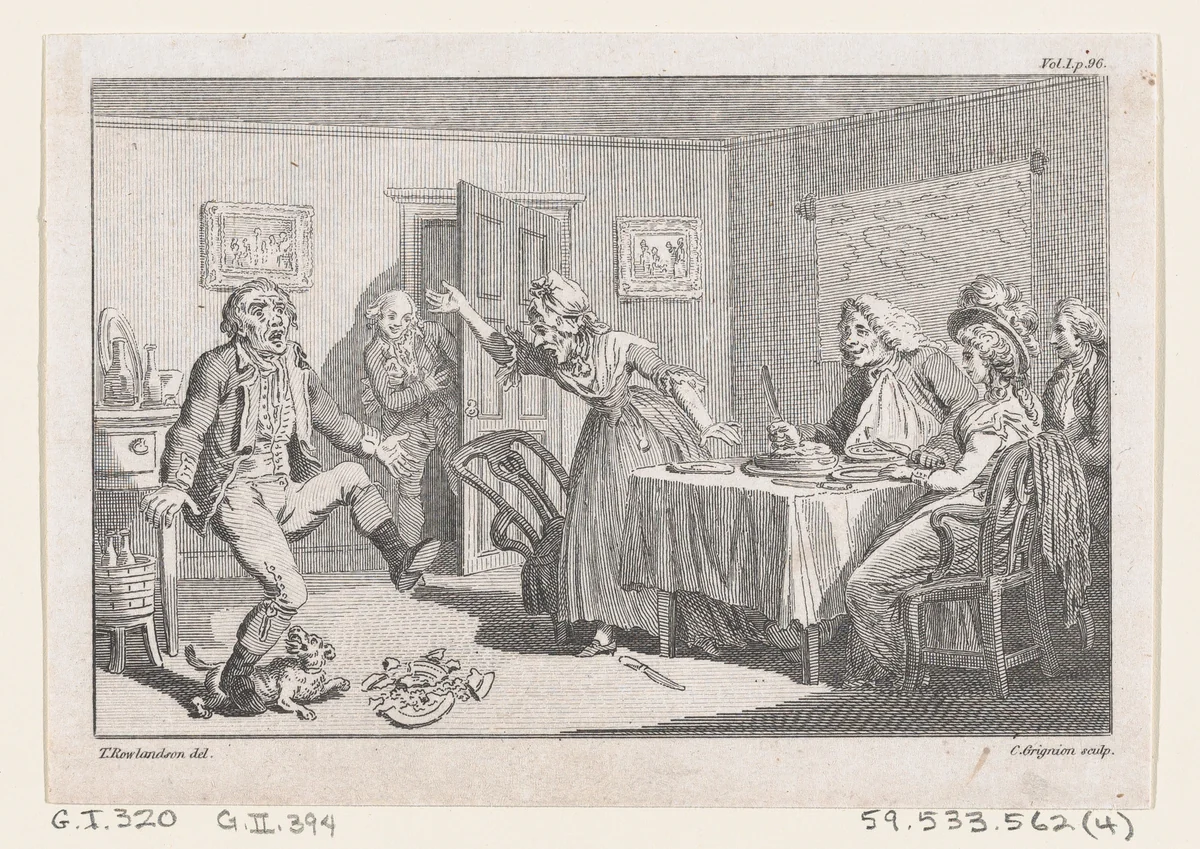 Humphry Clinker Smashing a Dish at Dinner..., an illustration from Tobias Smollett's "The Expedition of Humphry Clinker" (London, 1793), Vol. 1 by Charles Grignion, print, 1793