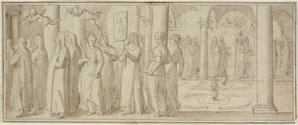 Procession of Nuns and Novices Honoring a Male Saint by Giovanni Balducci, drawing, 1580-1631