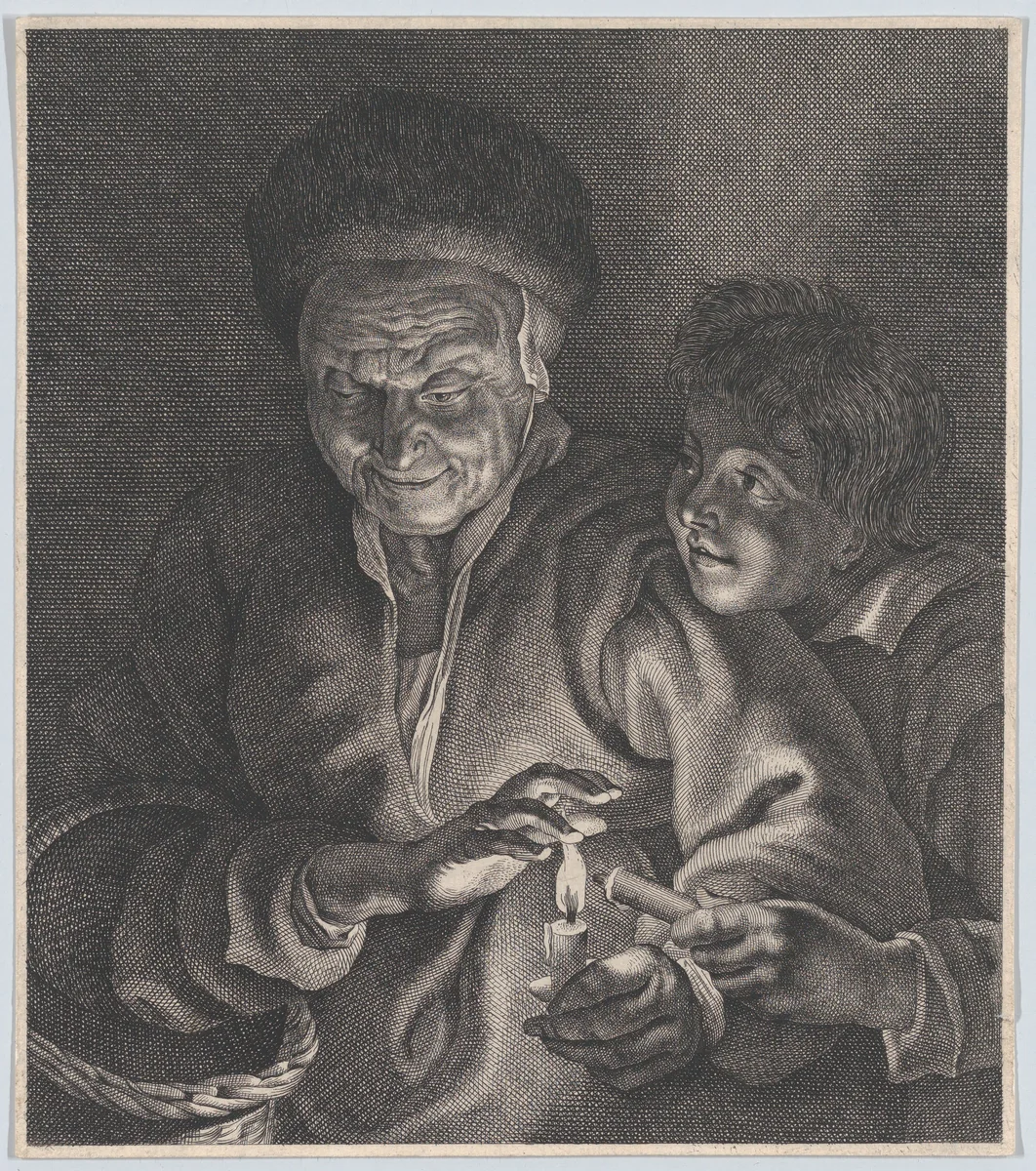 Old woman and a boy with candles by anonymous, print, 1645-1705