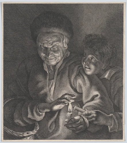 Old woman and a boy with candles by anonymous, print, 1645-1705