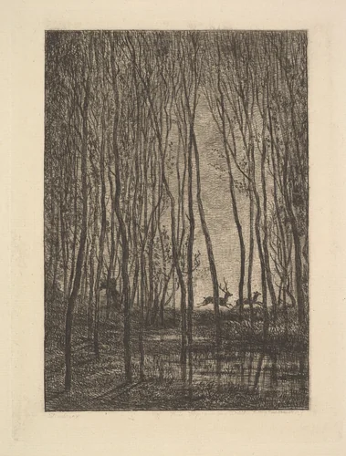 Deer in the Woods by Charles-François Daubigny, print, 1850