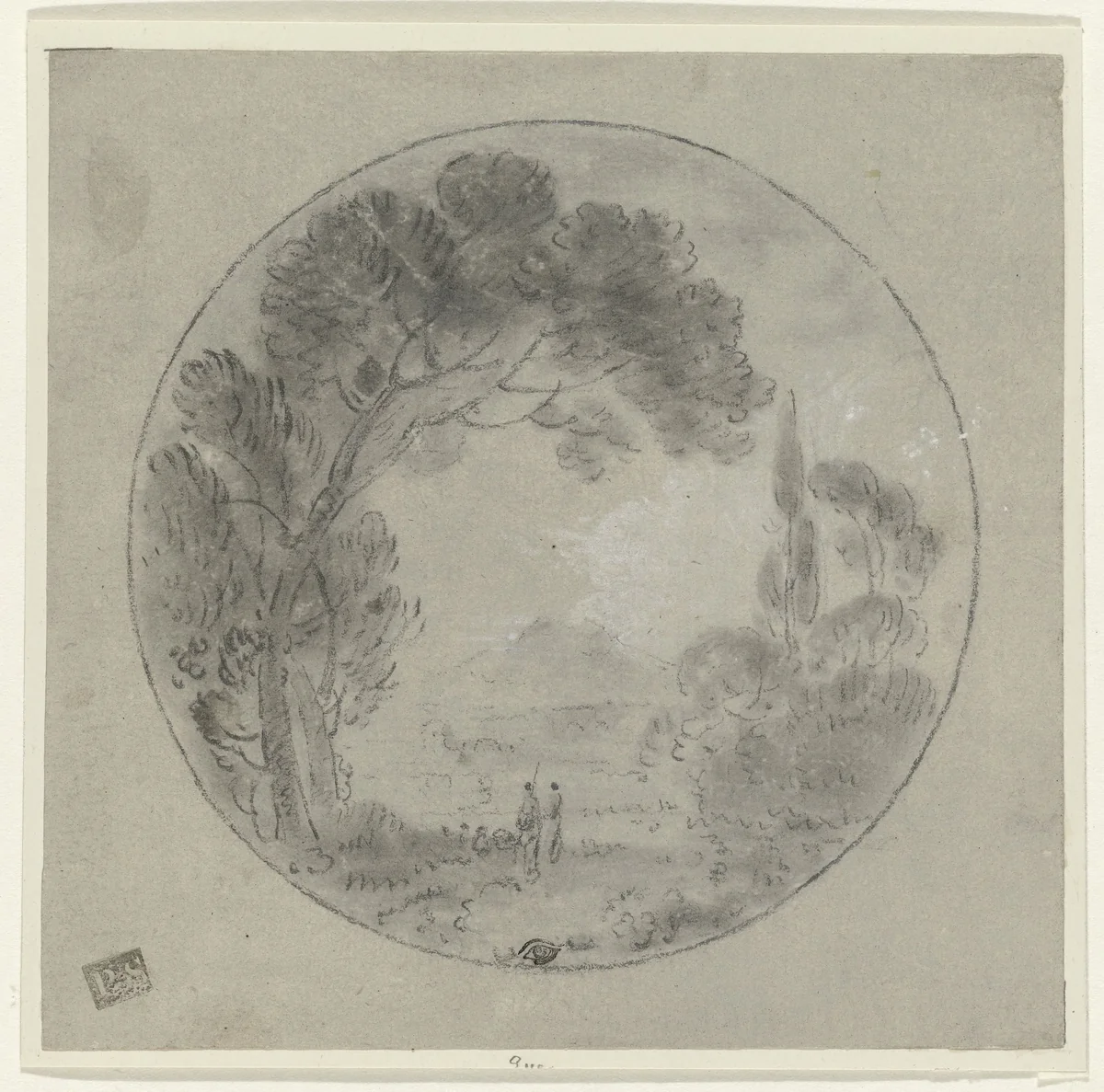 Italiaans landschap met twee figuren in een park by Richard Wilson, drawing, 1754-1756