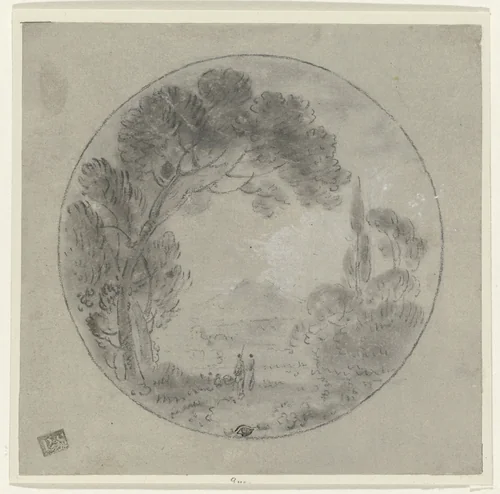 Italiaans landschap met twee figuren in een park by Richard Wilson, drawing, 1754-1756