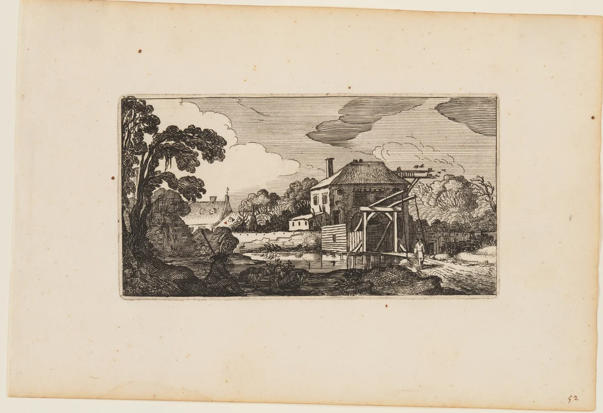 Pond before Wooden Bridge and a House, from Twelve landscapes with Figures by Gillis van Scheyndel, print, 1624
