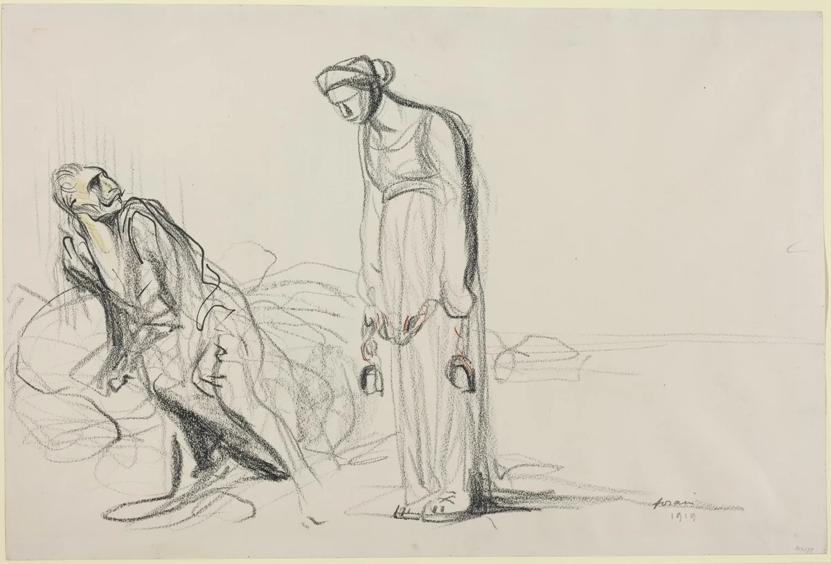 a) Fetters (recto); b) Sketch for Fetters (verso) by Jean-Louis Forain, drawing, 1919
