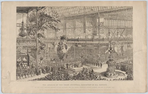 The Opening of the Great Industrial Exhibition of All Nations, by Her Most Gracious Majesty Queen Victoria and His Royal Highness Prince Albert, on the 1st of May, 1851: The View is Taken from the South West Gallery, at the time when the Archbishop is offering up a Prayer for the Divine blessing upon the objects in the Exhibition by George Cruikshank, print, 1851
