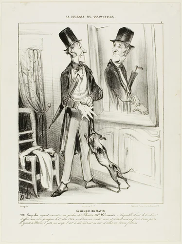 10 O'clock in the Morning. “Monsieur Coquelet having accidentally met Miss Palissandre in the Botanical Garden, to whom he had the good fortune to offer a fairy rose the first of May 1804, had obtained a first date. After having gone to great expense buying a new pair of gloves at 29 Sous, he throws a glance at the mirror before going out to try his good fortune,” plate 4 from La Journé Du Célibataire by Honoré-Victorin Daumier, print, 1839