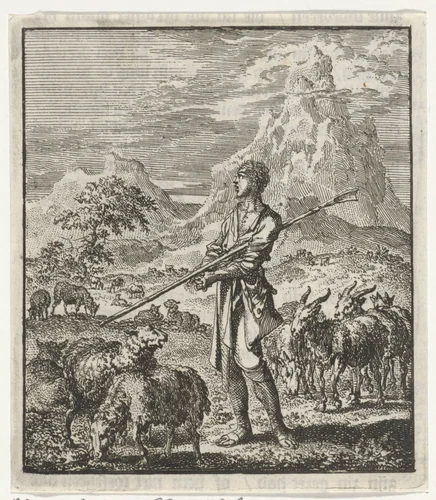 Mozes met zijn herdersstaf onder de arm staat temidden van zijn kudde in de woestijn van Midian by Jan Luyken, print, 1706