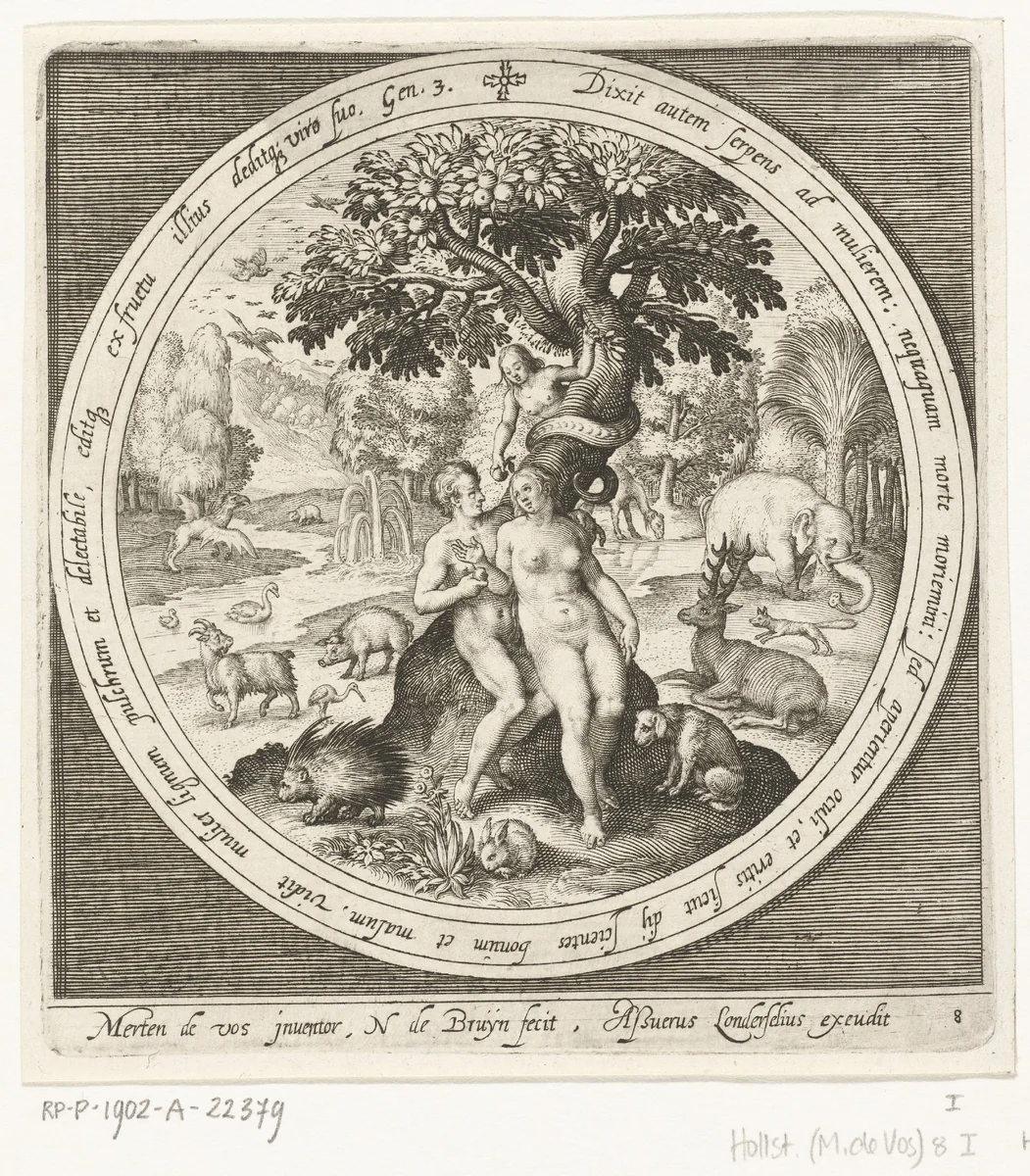 Eva wordt misleid door de slang bij de boom van goed en kwaad by Unknown, print, 1581-1656