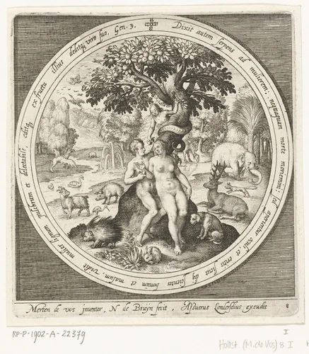 Eva wordt misleid door de slang bij de boom van goed en kwaad by Unknown, print, 1581-1656