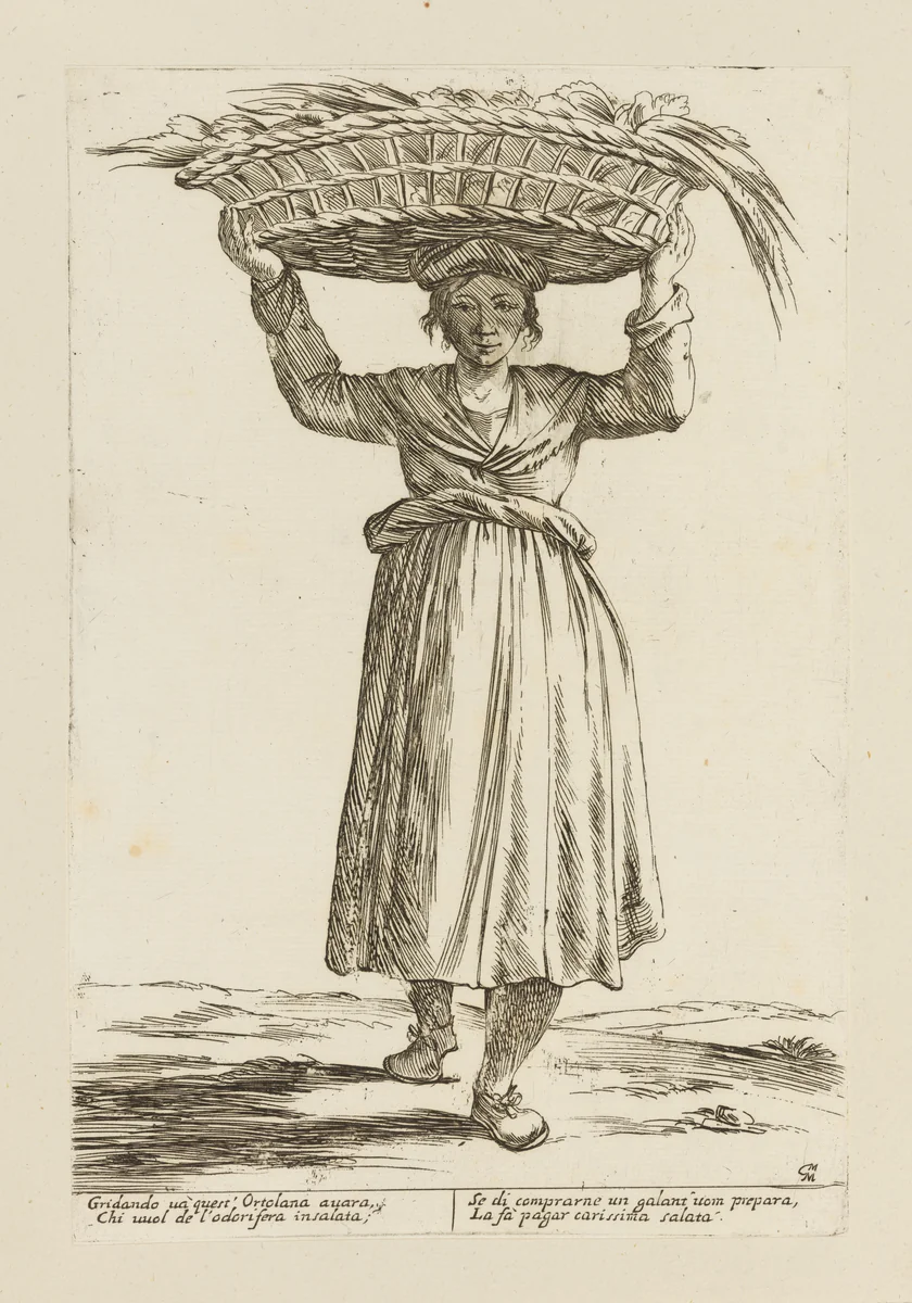 Vegetable Vendor, from Di Bologna l'Arti per via D'An.ibal' Ca.rac, plate 24 by Giuseppe Maria Mitelli, print, 1660