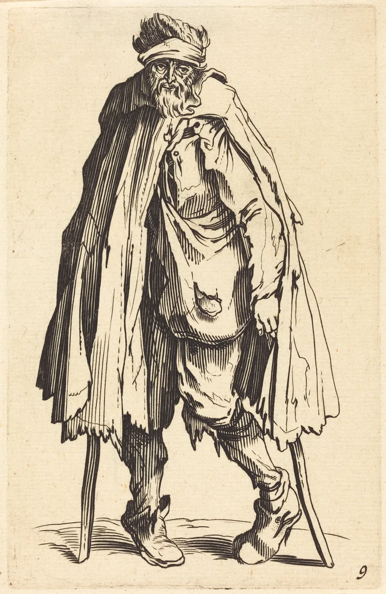 Beggar with Crutches and Sack by Jacques Callot, print, 1622-1699