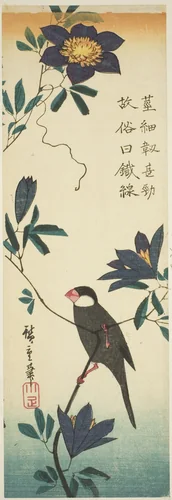 Java sparrow and clematis by Utagawa Hiroshige (歌川広重), print, 1830-1839