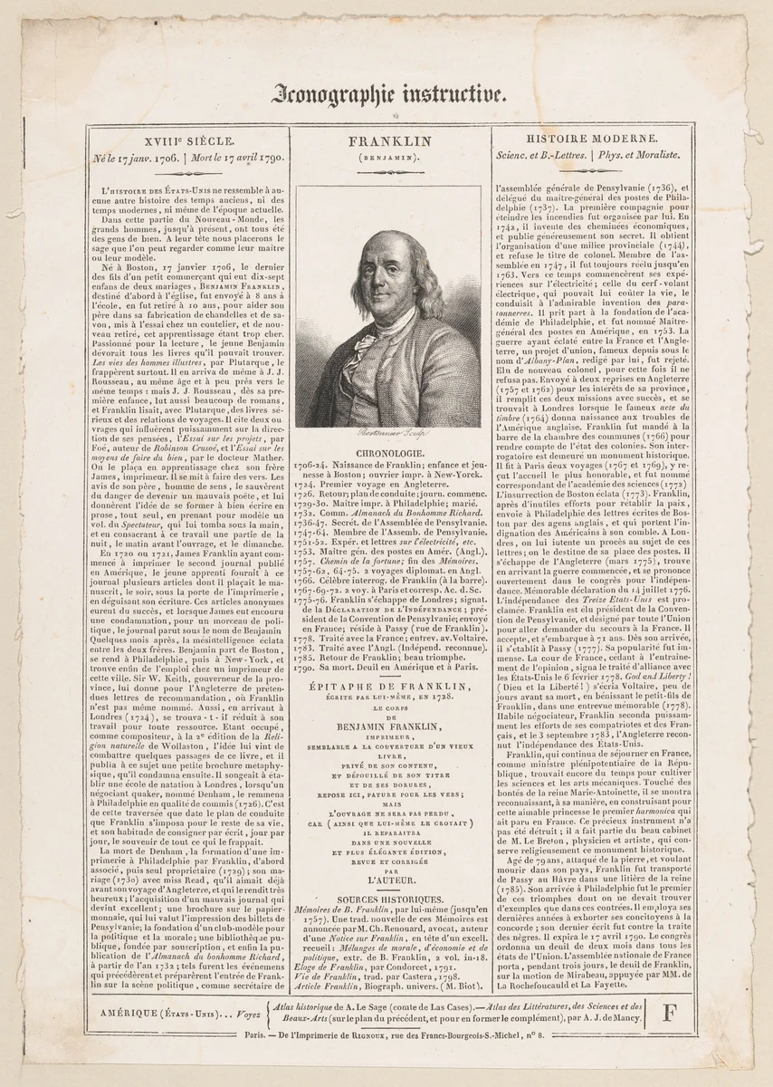 Sheet from "Iconographie Instructive" with portrait of Benjamin Franklin by Adrien Jarry de Mancy, print, 1822-1832