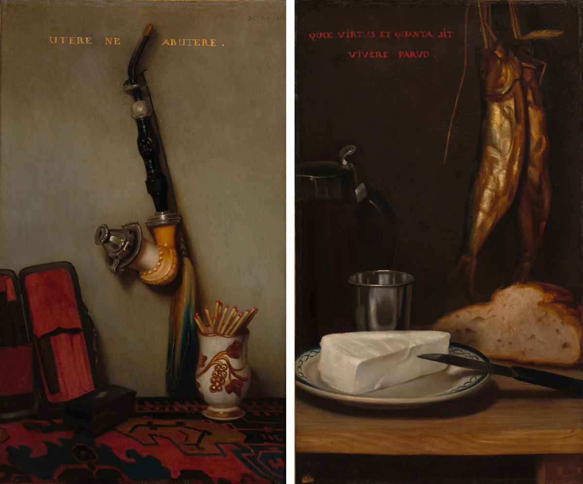 Still Life with Pipe and Matches and Still Life with Herring, Bread, and Cheese (pair) by Alexandre-Gabriel Decamps, painting, 1858