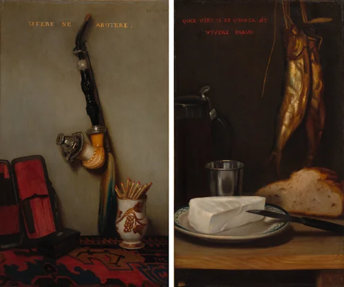 Still Life with Pipe and Matches and Still Life with Herring, Bread, and Cheese (pair) by Alexandre-Gabriel Decamps, painting, 1858