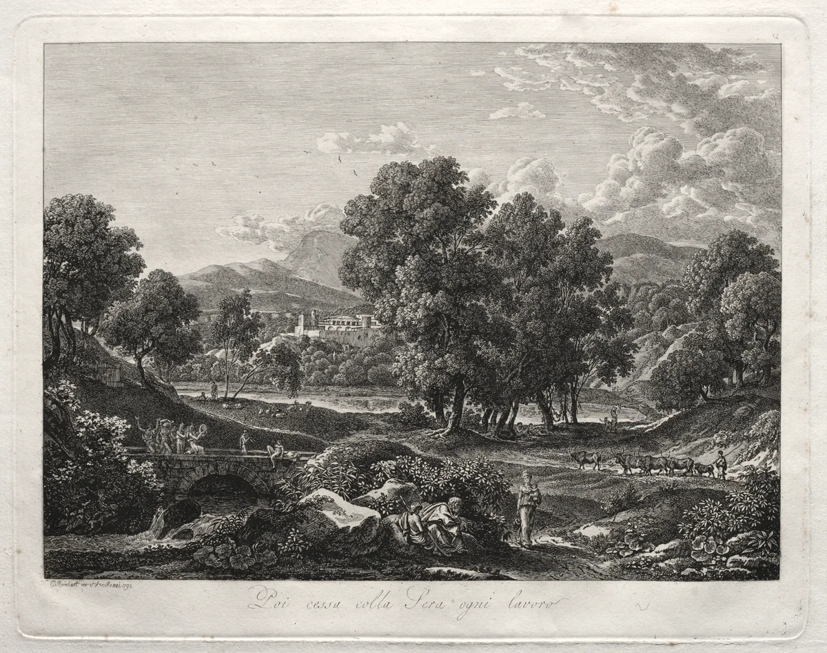 Heroic Landscape: The Shepherd's Dance on the Bridge by Johann Christian Reinhart, print, 1792
