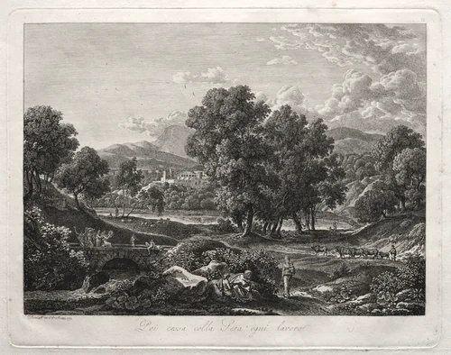 Heroic Landscape: The Shepherd's Dance on the Bridge by Johann Christian Reinhart, print, 1792