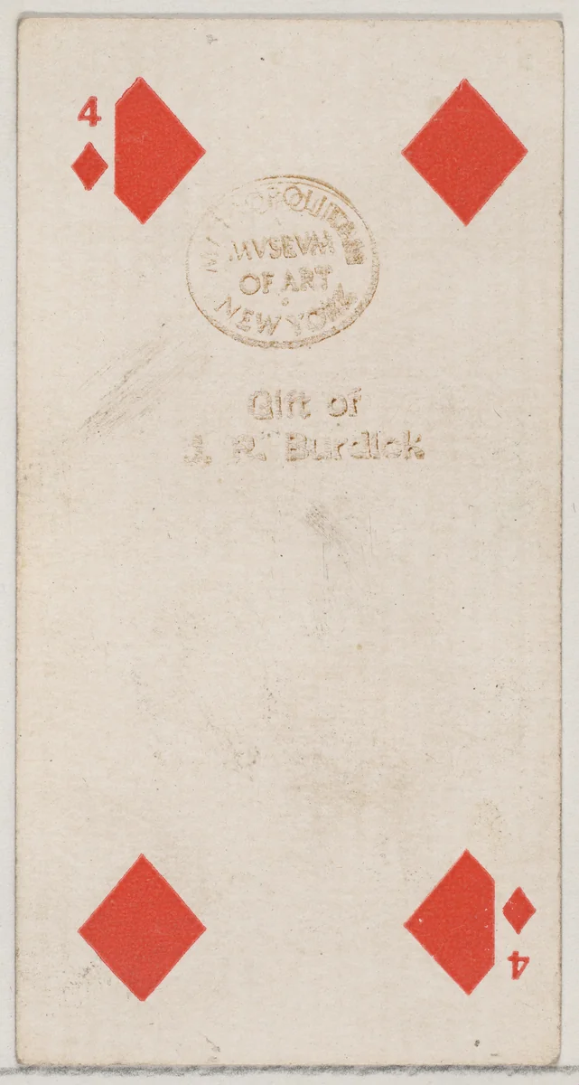 Four Diamonds (red), from the Playing Cards series (N84) for Duke brand cigarettes by W. Duke, Sons & Co., print, 1888
