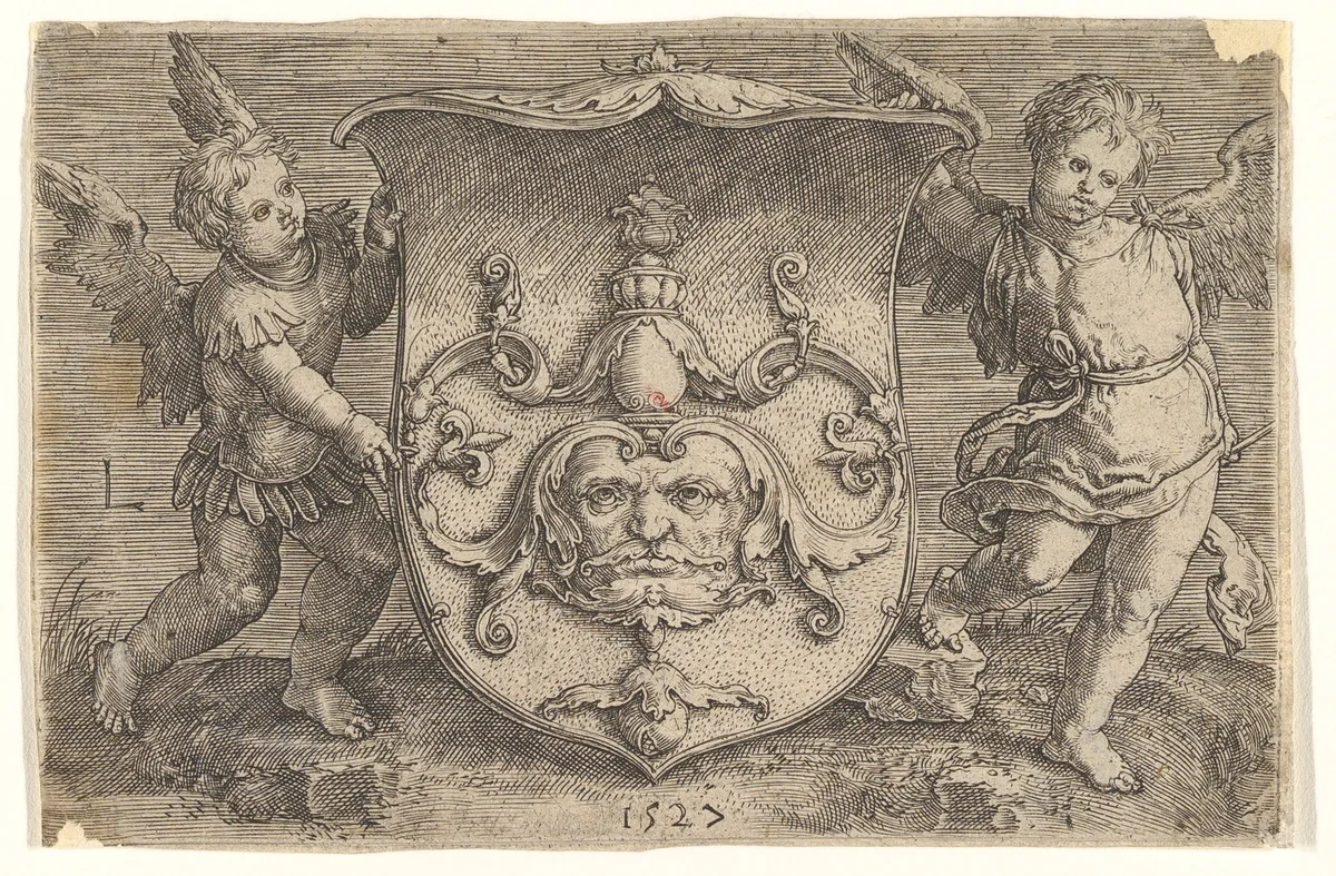 Coat of Arms with a Mask, Held by Two Genii by Lucas van Leyden, print, 1527