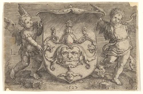 Coat of Arms with a Mask, Held by Two Genii by Lucas van Leyden, print, 1527