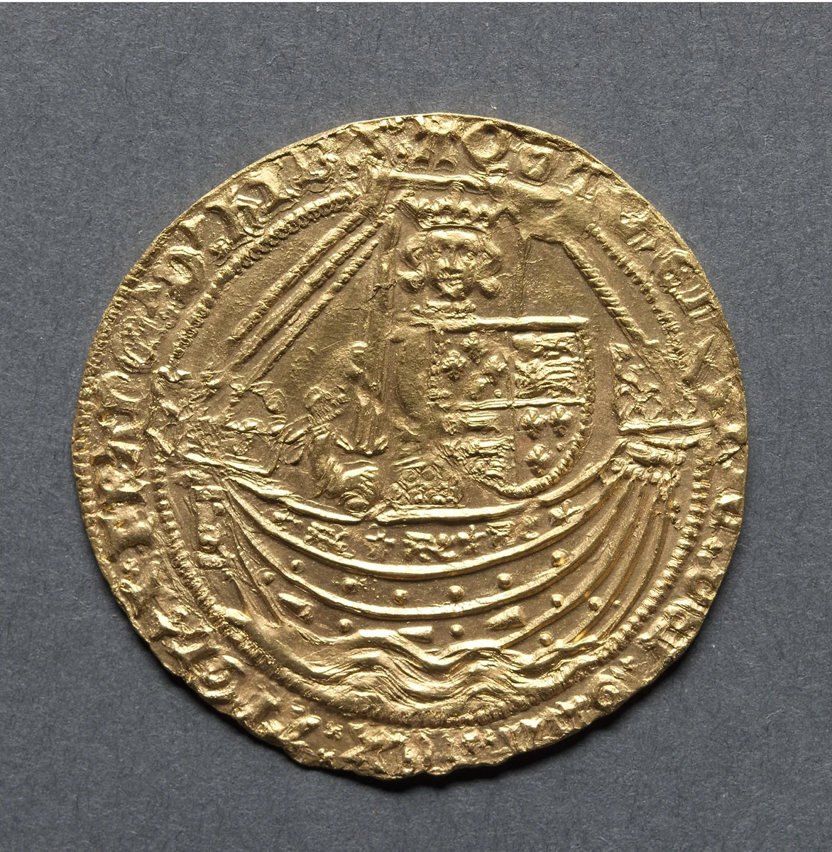 Noble: Henry V in Ship with Shield of Arms (obverse) by Unknown, metalwork, 1413-1422