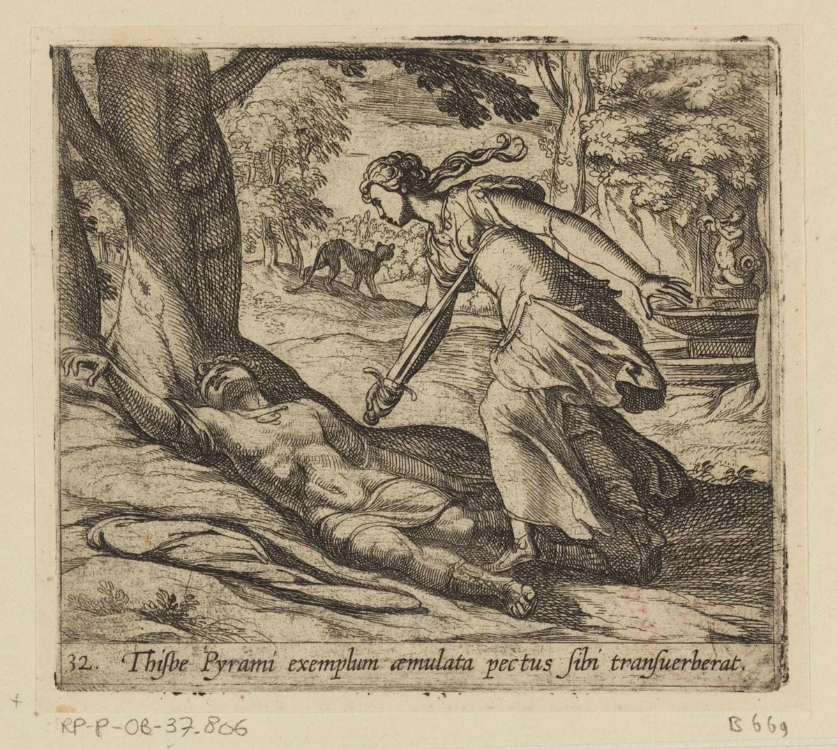 Zelfmoord van Thisbe by Antonio Tempesta, print, 1606