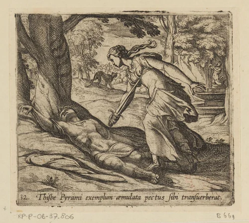 Zelfmoord van Thisbe by Antonio Tempesta, print, 1606