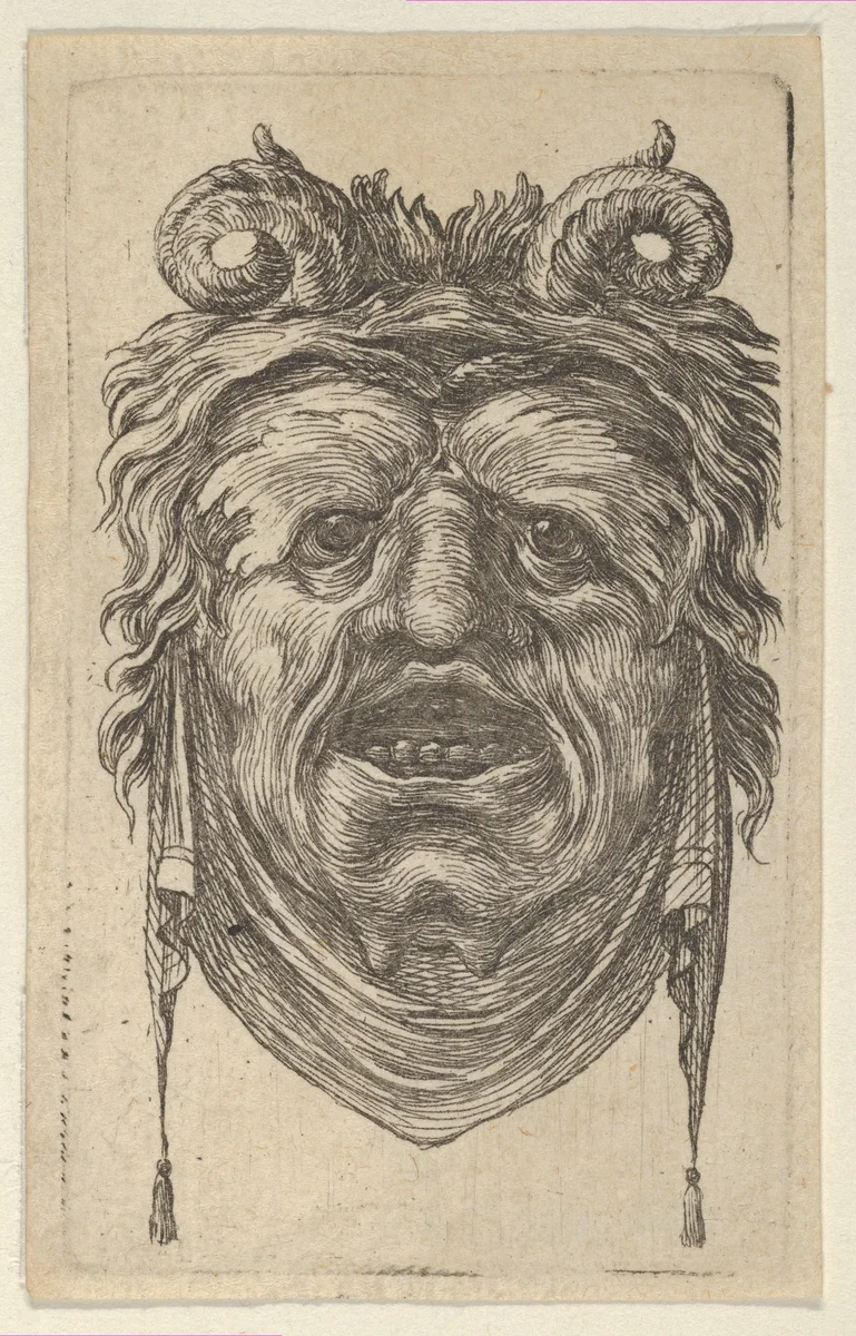 Satyr Mask with Curled Horns, Leafy Eyebrows and a Cloth Hanging Beneath the Chin, from "Divers Masques" by François Chauveau, print, 1630-1650
