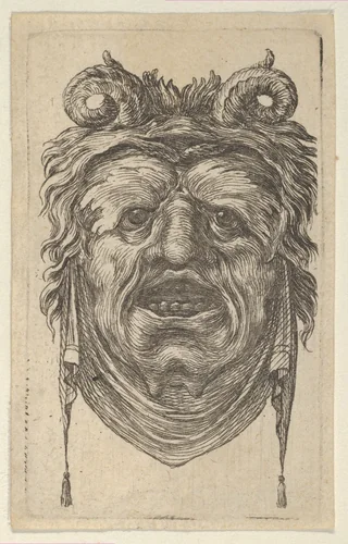 Satyr Mask with Curled Horns, Leafy Eyebrows and a Cloth Hanging Beneath the Chin, from "Divers Masques" by François Chauveau, print, 1630-1650